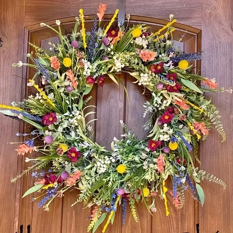 New Spring Summer Door Wreath for Front Door, Artificial Wildflower Spring Wreath,Multipurpose Decorative Garland Colorful 45cm