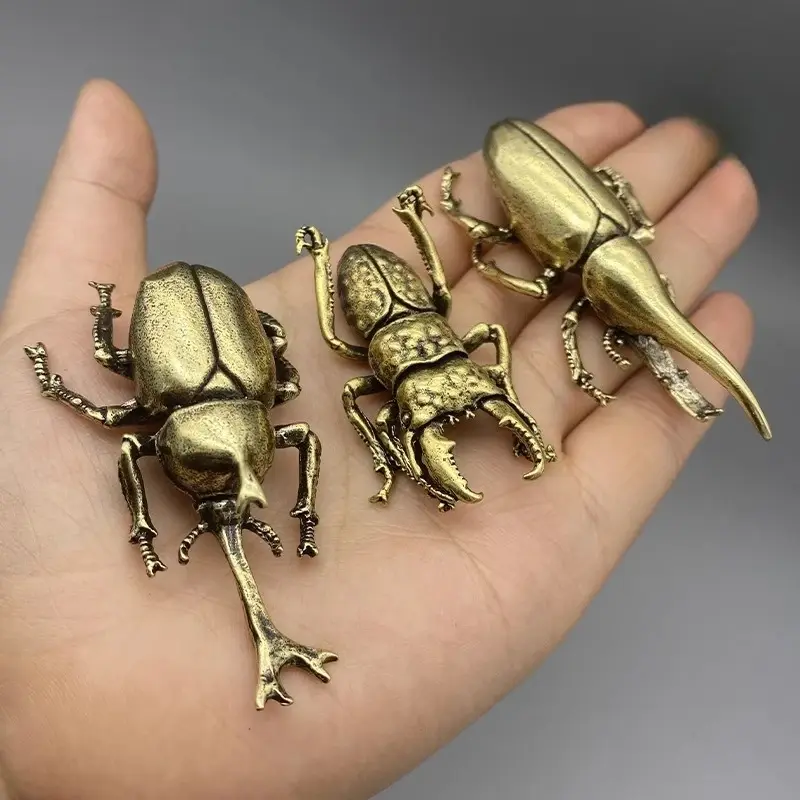 New Retro Brass Beetles Figurines Unicorn Beetle Ornament Simulation Insect Tea Pets Desk Decorations Collectibles Gifts Decor