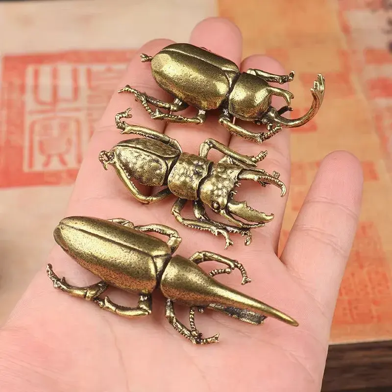 New Retro Brass Beetles Figurines Unicorn Beetle Ornament Simulation Insect Tea Pets Desk Decorations Collectibles Gifts Decor