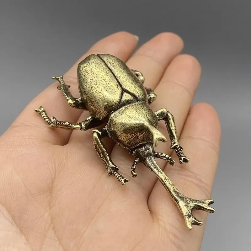 New Retro Brass Beetles Figurines Unicorn Beetle Ornament Simulation Insect Tea Pets Desk Decorations Collectibles Gifts Decor