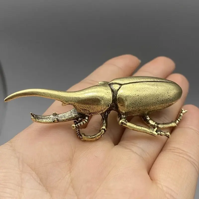 New Retro Brass Beetles Figurines Unicorn Beetle Ornament Simulation Insect Tea Pets Desk Decorations Collectibles Gifts Decor