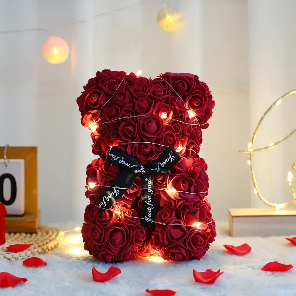 Mother's Day 25cm Artificial Teddy Rose Flower Bear with Box Romantic Gift Girlfriend Women Mother Birthday Wedding Party Deco