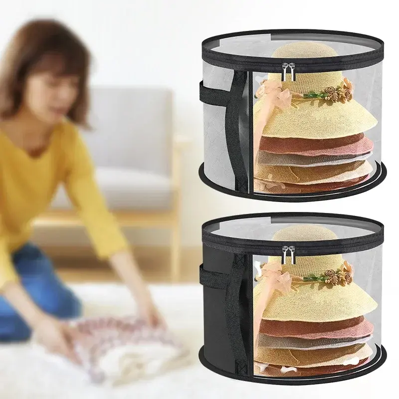 New 1 transparent fashionable hat storage stackable round edged hat container portable clothing storage box with zipper handle