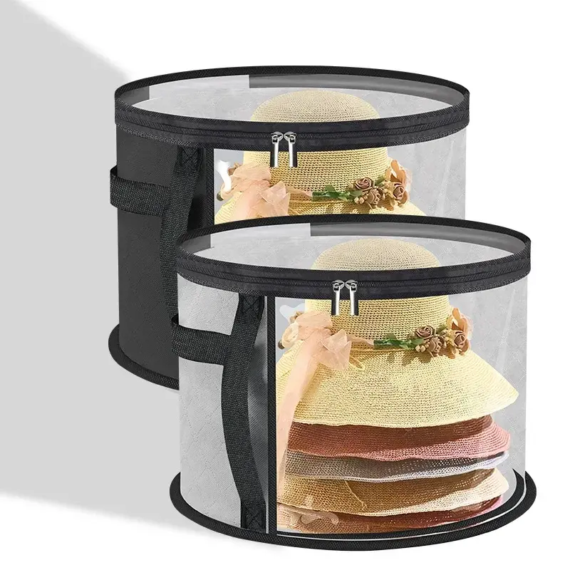 New 1 transparent fashionable hat storage stackable round edged hat container portable clothing storage box with zipper handle
