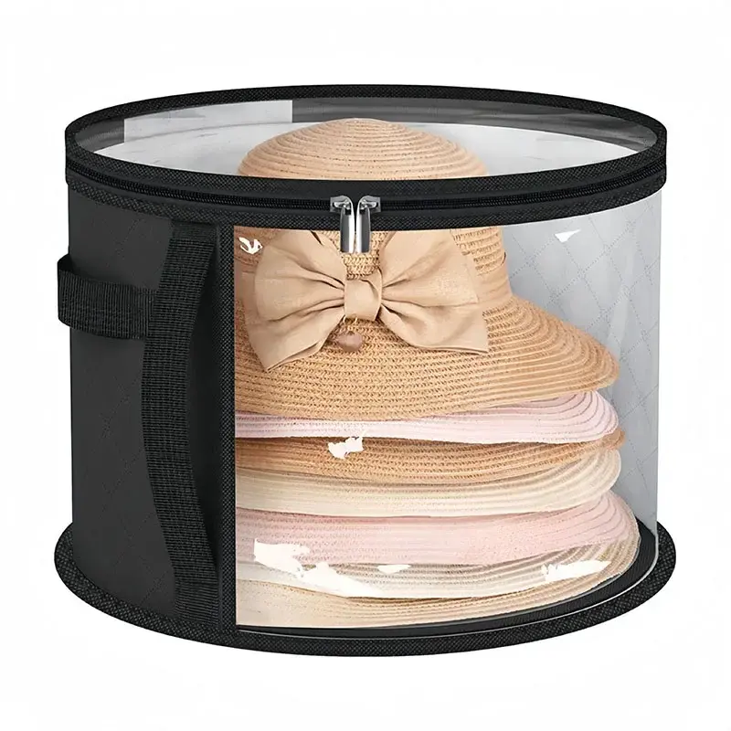 New 1 transparent fashionable hat storage stackable round edged hat container portable clothing storage box with zipper handle