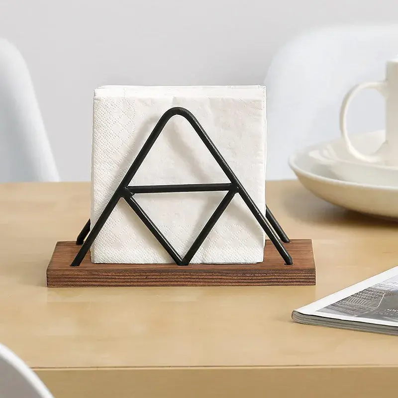 New Modern Geometric Napkin Holder - Metal Frame with Wooden Base Tabletop Tissue Rack for Kitchen Dining Table Decor