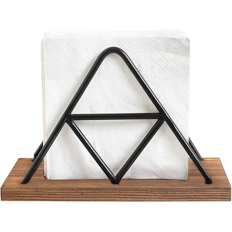 New Modern Geometric Napkin Holder - Metal Frame with Wooden Base Tabletop Tissue Rack for Kitchen Dining Table Decor