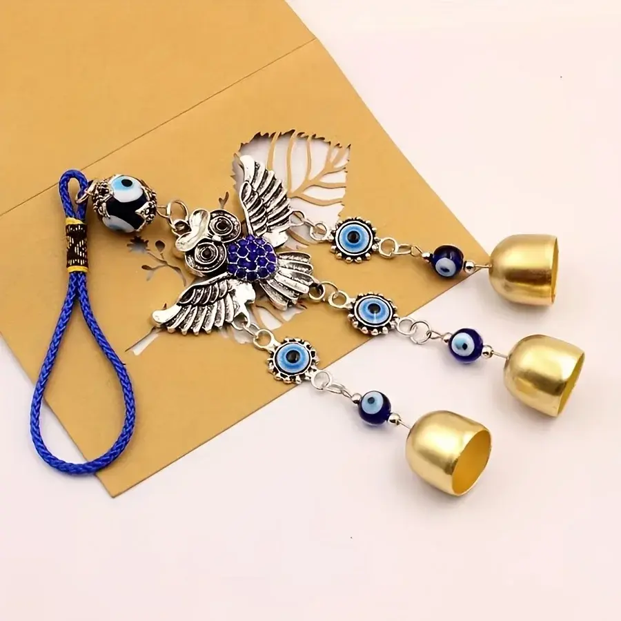 1pc Car Decoration Birthday Gift Blue Eye Spread Wing Owl Bell Wind Chime for Outdoor Courtyard Corridor Window Lattice Wall