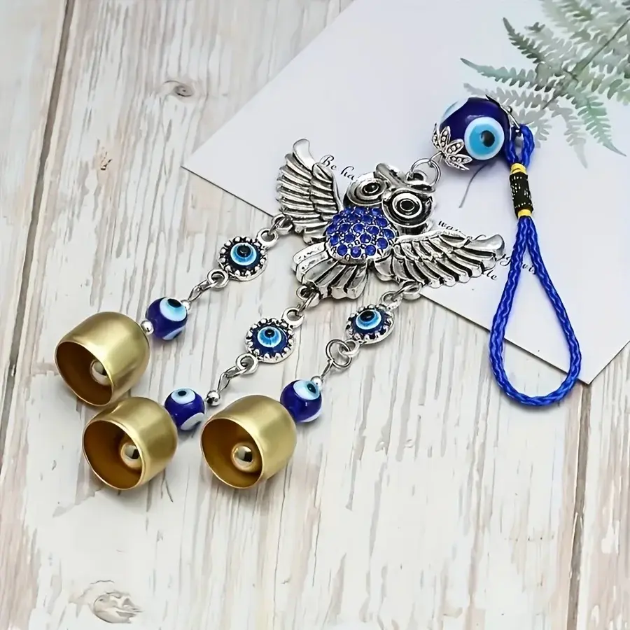 1pc Car Decoration Birthday Gift Blue Eye Spread Wing Owl Bell Wind Chime for Outdoor Courtyard Corridor Window Lattice Wall