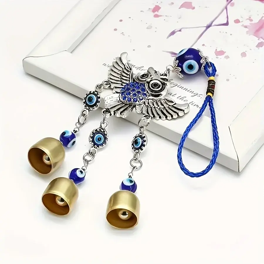 1pc Car Decoration Birthday Gift Blue Eye Spread Wing Owl Bell Wind Chime for Outdoor Courtyard Corridor Window Lattice Wall
