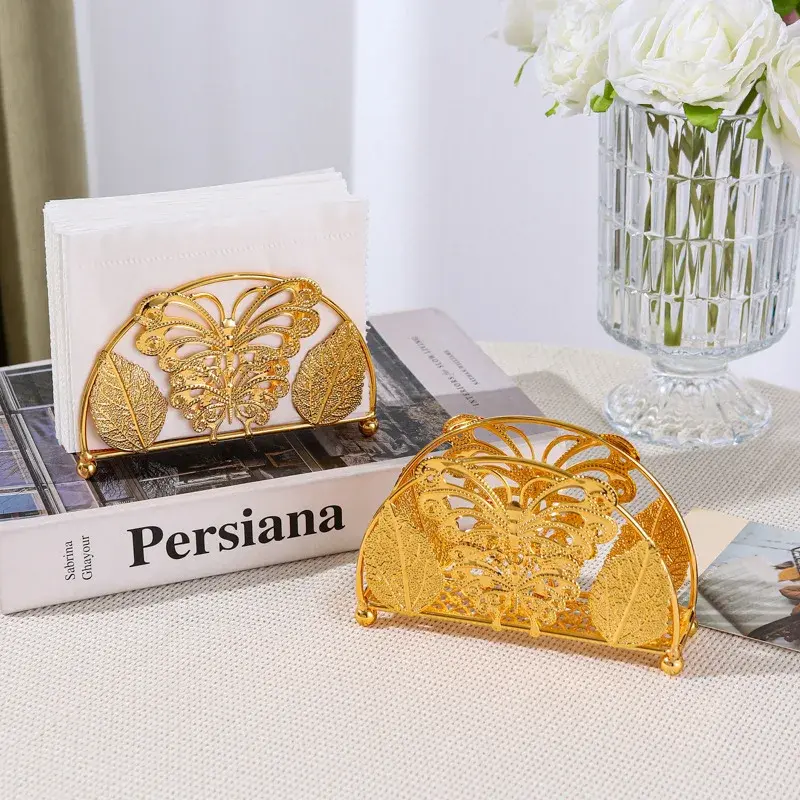 2025 New Gold Metal Butterfly Napkin Holder Vintage Hollow-out Tissue Rack Desktop Decor for Dining Table