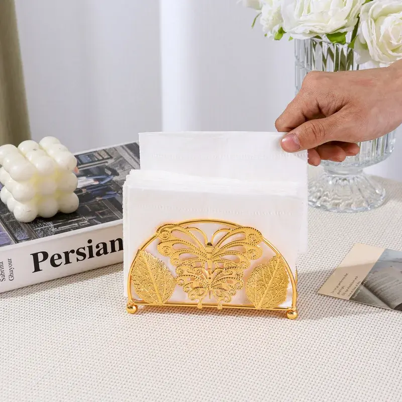 2025 New Gold Metal Butterfly Napkin Holder Vintage Hollow-out Tissue Rack Desktop Decor for Dining Table
