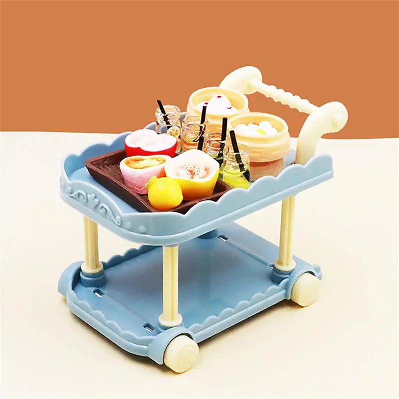 Cute Doll House Decoration Toy 1:12 Mini Trolley Dining Cart Dollhouse Storage Shelf Kitchen Model Ornaments Furniture Accessory