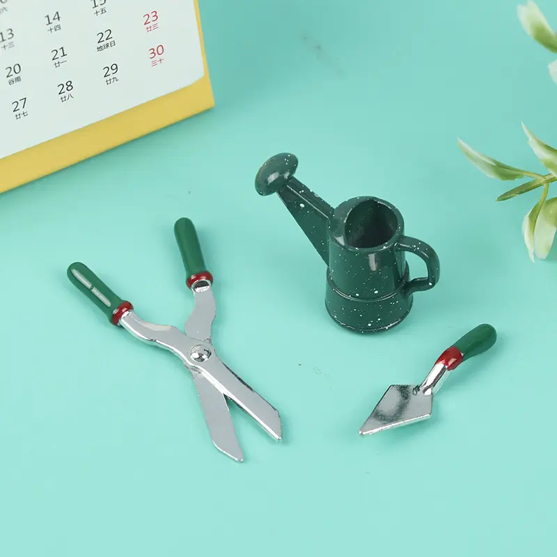 1: 12 Dollhouse mini model metal watering pot scissors shovel gardening tool set