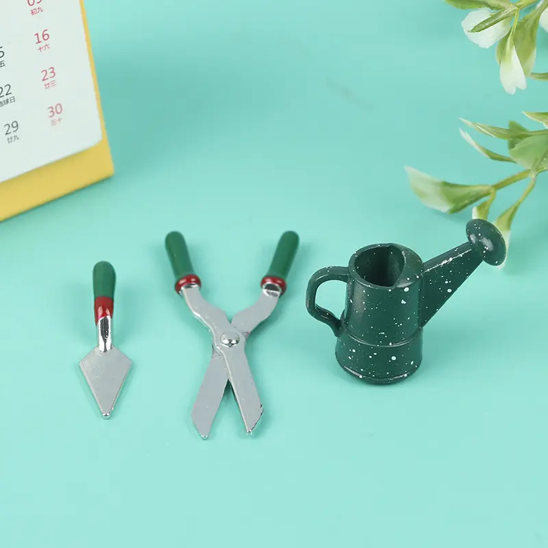 1: 12 Dollhouse mini model metal watering pot scissors shovel gardening tool set