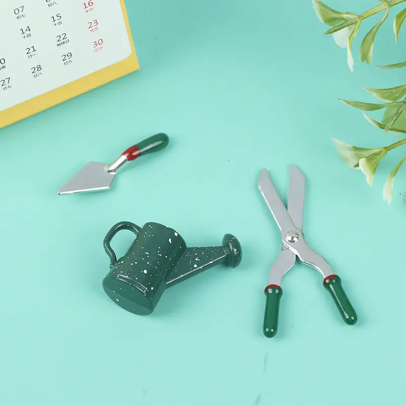 1: 12 Dollhouse mini model metal watering pot scissors shovel gardening tool set