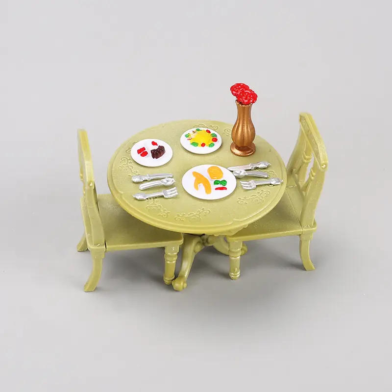 1/12 Dollhouse Miniature Double Table Chair Round Table Set Furniture Wooden Dining Table Chair Simulation Doll House Model Toys