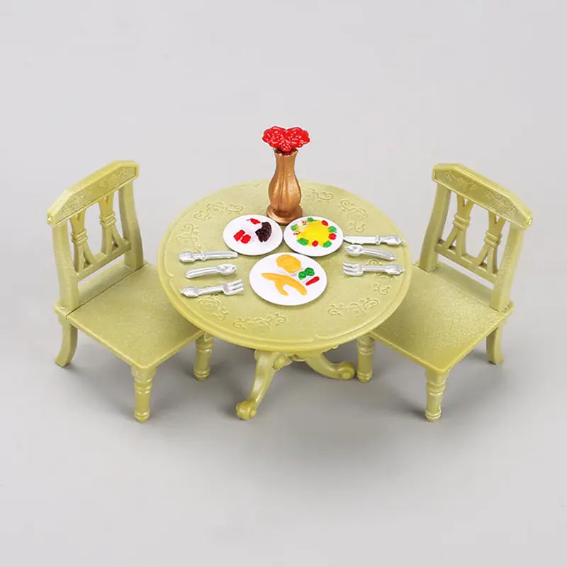 1/12 Dollhouse Miniature Double Table Chair Round Table Set Furniture Wooden Dining Table Chair Simulation Doll House Model Toys