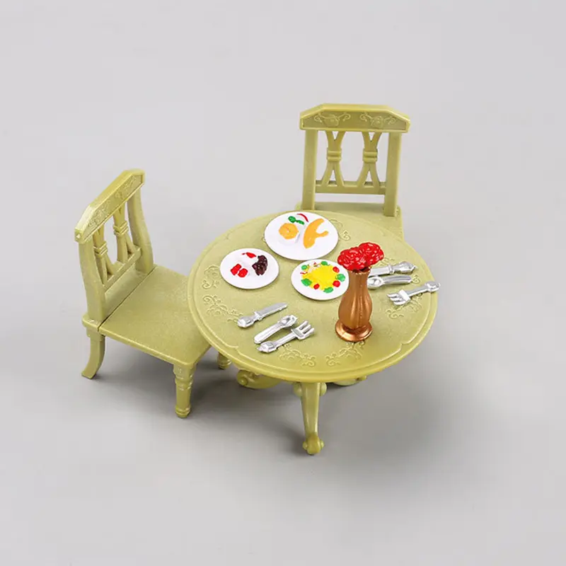 1/12 Dollhouse Miniature Double Table Chair Round Table Set Furniture Wooden Dining Table Chair Simulation Doll House Model Toys