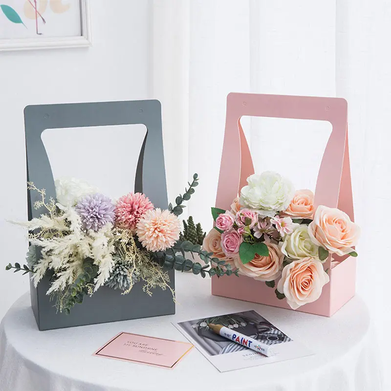 Double Sided Water Proof Kraft Paper Portable Flower Basket Bouquet Handle Carton Creative Bouquet Holiday Gift Wrapping Box