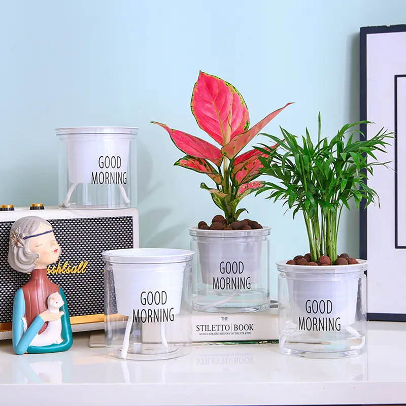 Lazy Hydroponic Flower Pot Automatic Water-Absorbing Flowerpot Transparent Double Layer Plastic Self Watering Planter Office