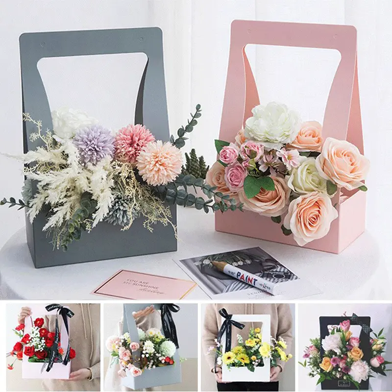 Double Sided Water Proof Kraft Paper Portable Flower Basket Bouquet Handle Carton Creative Bouquet Holiday Gift Wrapping Box