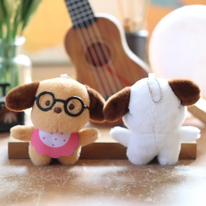 Funny Cute Scarf Glasses Dog Plush Doll Soft Ragdoll Keychain Pendant Bag Hanging Ornaments Keyring Stuffed Toy Kids Gifts