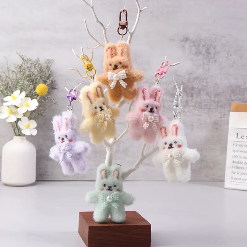 Bowknot Rabbit Plush Pendant Cartoon Bunny Keychain Soft Stuffed Doll Car Key Ring Backpack Bag Decor