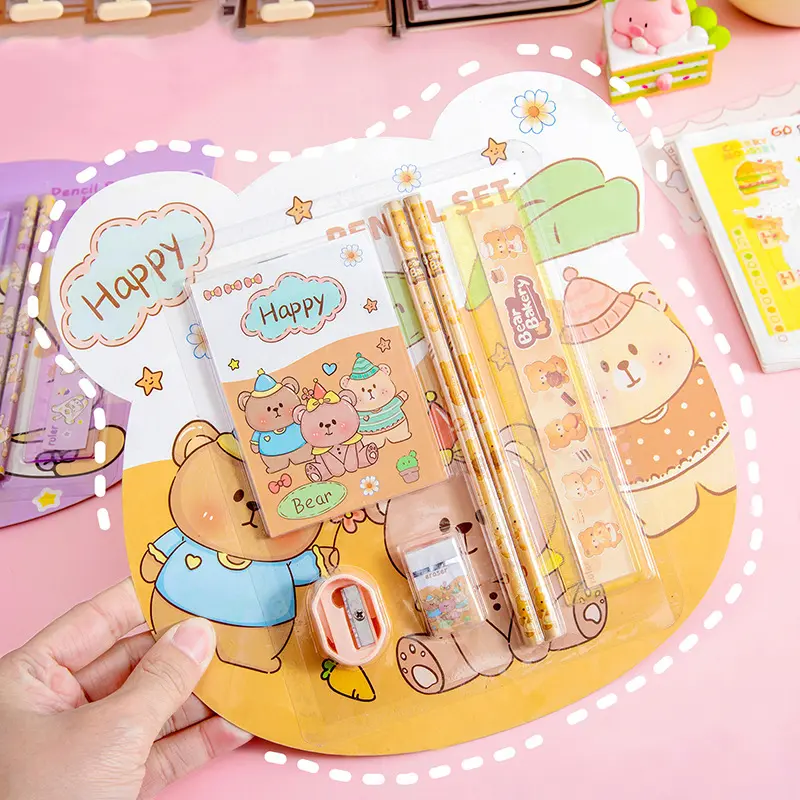 2Set Cartoon Cute Animals Surprise Stationery Set Portable Elementary School Children Supplies Kids Gifts