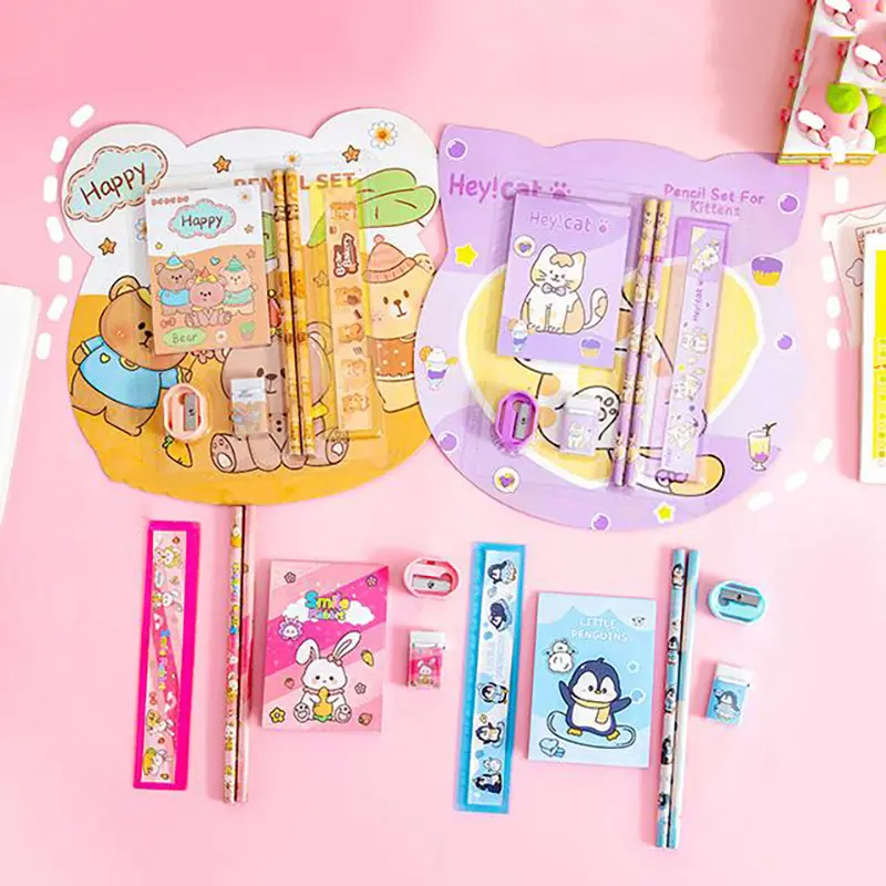 2Set Cartoon Cute Animals Surprise Stationery Set Portable Elementary School Children Supplies Kids Gifts