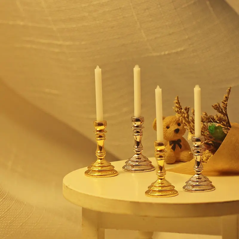 1Pair Miniature Candle 1:12 Dollhouse Miniature Candle Holder Candlestick Candelabra Model Home Decor Toy Doll House Accessories