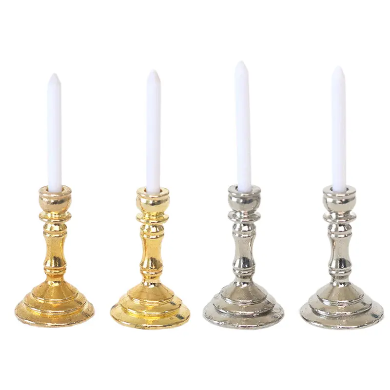 1Pair Miniature Candle 1:12 Dollhouse Miniature Candle Holder Candlestick Candelabra Model Home Decor Toy Doll House Accessories