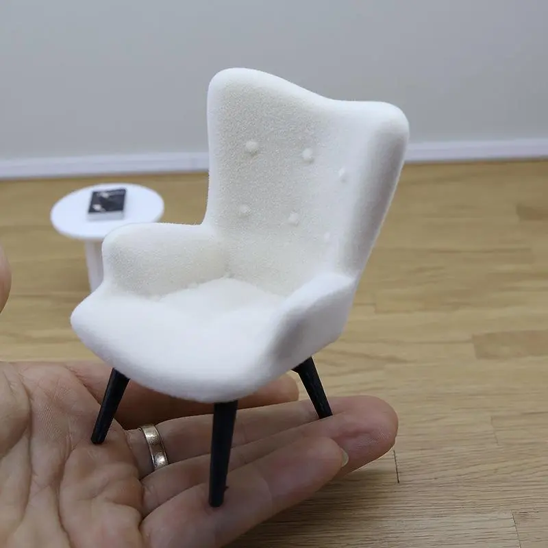 1 Piece 1/12 Dollhouse Mini Plush Sofa Chair Side Table Furniture Model Decor Simulation Single Person Sofa