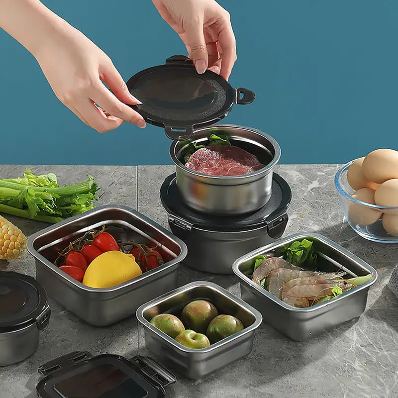 Stainless Steel Food Container Fresh Keeping Box Sealed Lid Crisper Lunch Meal Prep Storage Fridge Kitchen Set Round Square Bowl