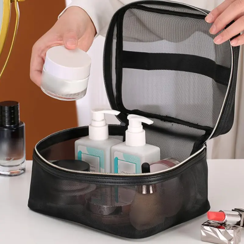 Mesh Makeup Bags Black Mesh Zipper Pouch for Offices Travel Storage Bags Toiletry Bags Makeup Pouch Women's bag