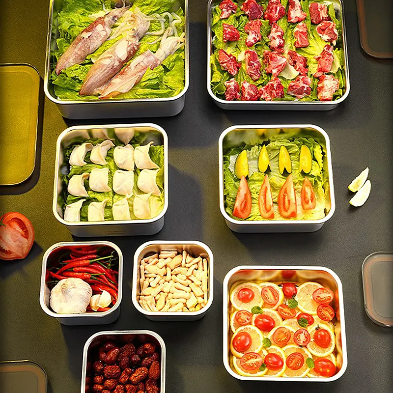 Stainless Steel Food Container Fresh Keeping Box Sealed Lid Crisper Lunch Meal Prep Storage Fridge Kitchen Set Round Square Bowl