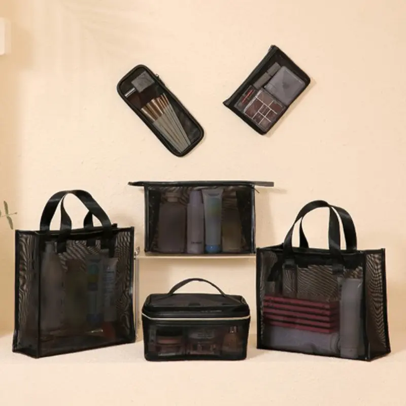 Mesh Makeup Bags Black Mesh Zipper Pouch for Offices Travel Storage Bags Toiletry Bags Makeup Pouch Women's bag