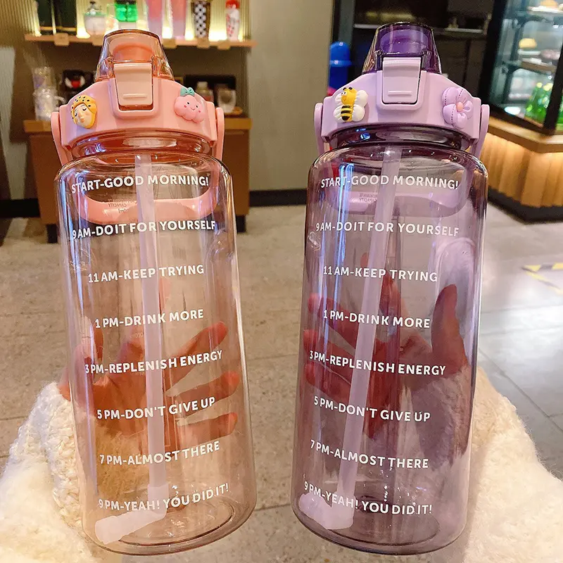 2 Liter Water Bottle with Straw Female Jug Girls Portable Travel bottles Fitness Bike Cup Summer Cold Water Jug with Time Marker