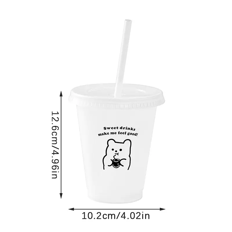 Kawaii Water Bottle For Coffee Juice Milk Tea Cute Plastic Cold Cups With Straw Lid Portable Reusable Drinking Bottle BPA Free