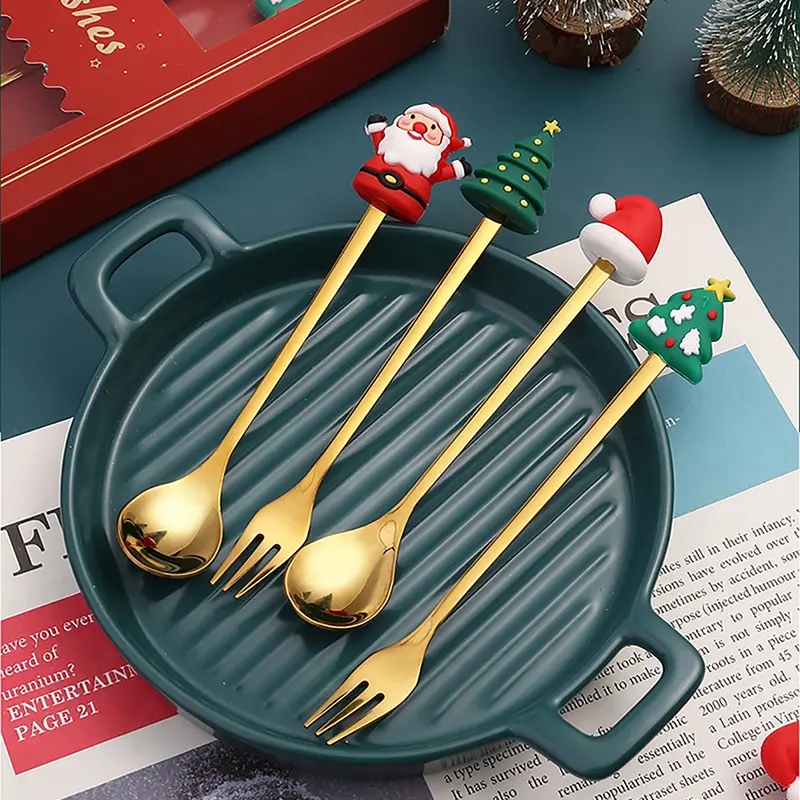 4PCS/6PCS Christmas Gift Cutlery Spoon Fork Set Elk Christmas Tree Decoration Dessert Spoon Fruit Fork Coffee Spoon Cutlery Gift