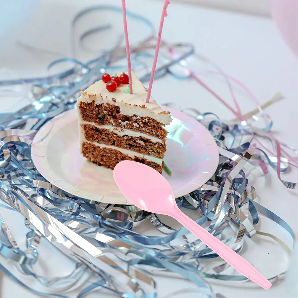 50pcs Pink Plastic Spoons Disposable Tableware Party Supplies Cake Spoon for Ice Cream Dessert Eating Stable Material Creative