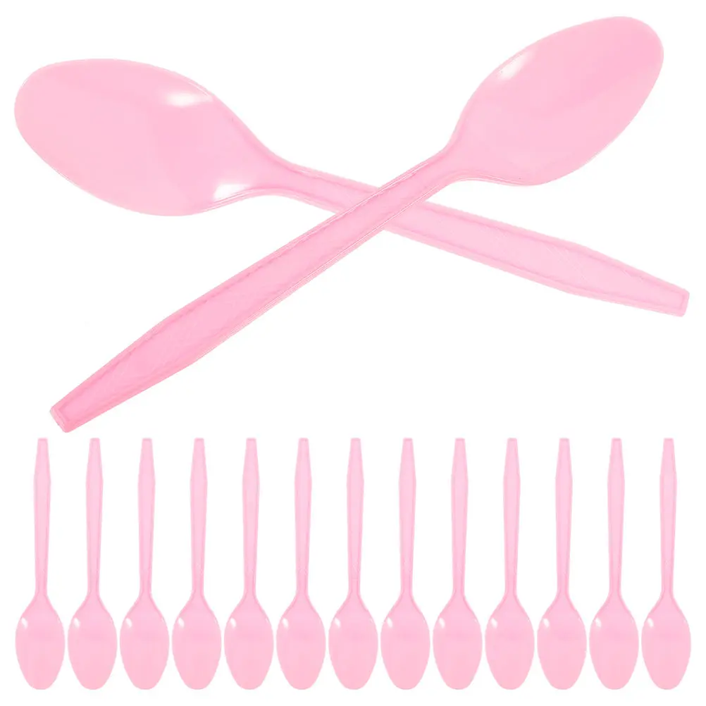 50pcs Pink Plastic Spoons Disposable Tableware Party Supplies Cake Spoon for Ice Cream Dessert Eating Stable Material Creative