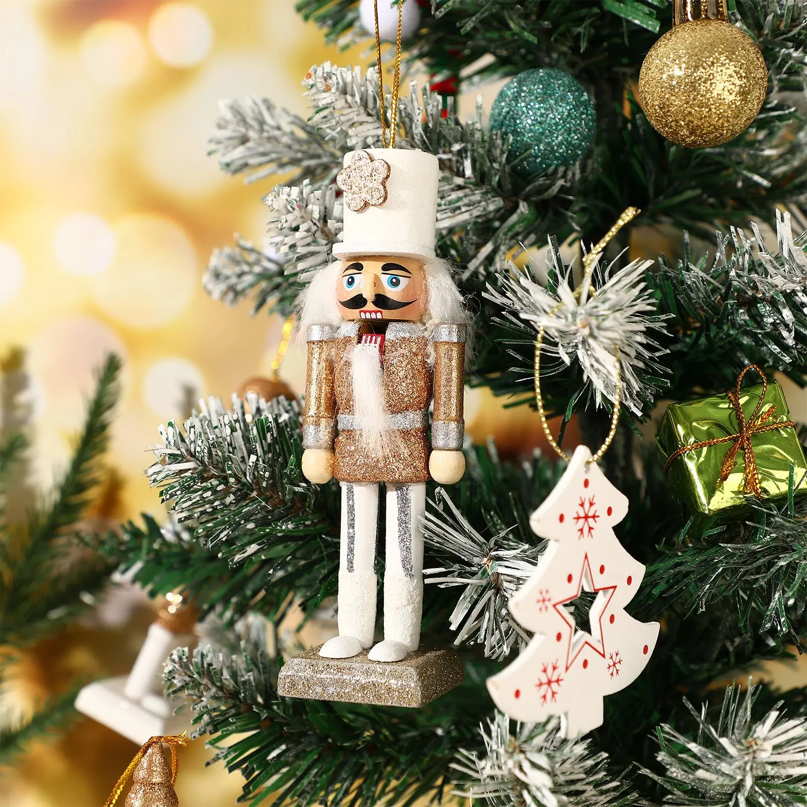 5Pcs Christmas Tree Decorations Nutcrackers Pendant Wooden Gold Silver Soldiers Liquidations for Xmas Tree Party New Year Decor