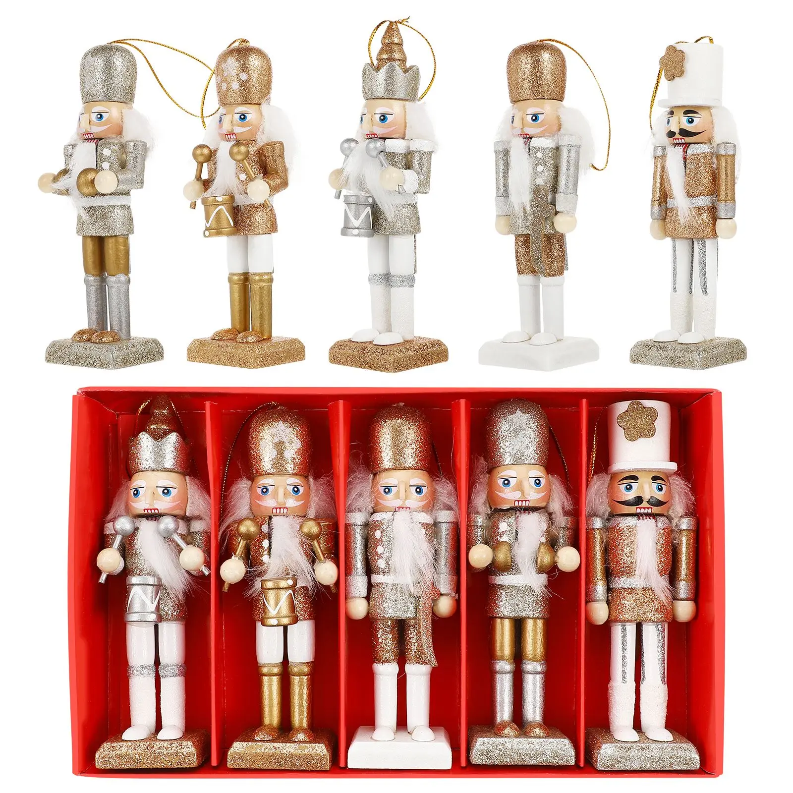 5Pcs Christmas Tree Decorations Nutcrackers Pendant Wooden Gold Silver Soldiers Liquidations for Xmas Tree Party New Year Decor