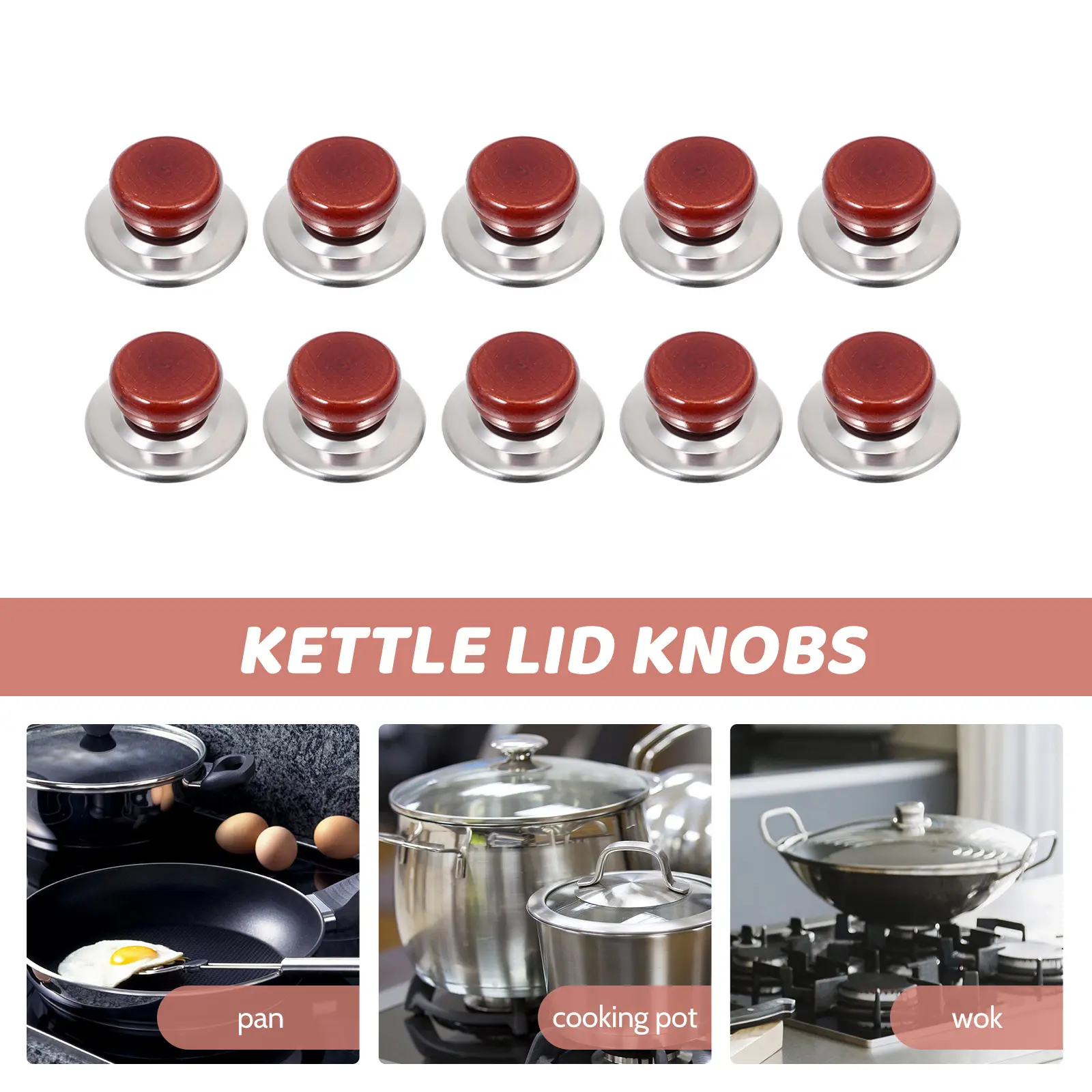 10 Sets Pot Lid Knob Solid Wood Stainless Steel Universal Cookware Replacement H Pots Pans Kitchen Bar Supplies