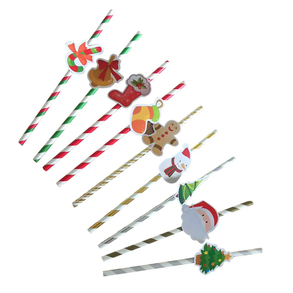 50 Pcs Paper Straws Assorted Patterns Cartoon Christmas Cupcake Toppers Party Supplies Environmentally Friendly Drinking Straws
