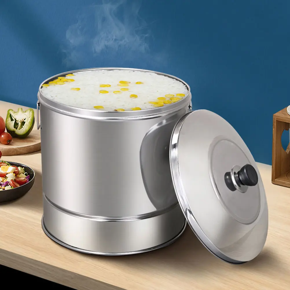 Stainless Steel Steamer Pot Rice Bucket Cookware Smooth Surface Lid Handle Kitchen Tool Food Grade Sushi Container