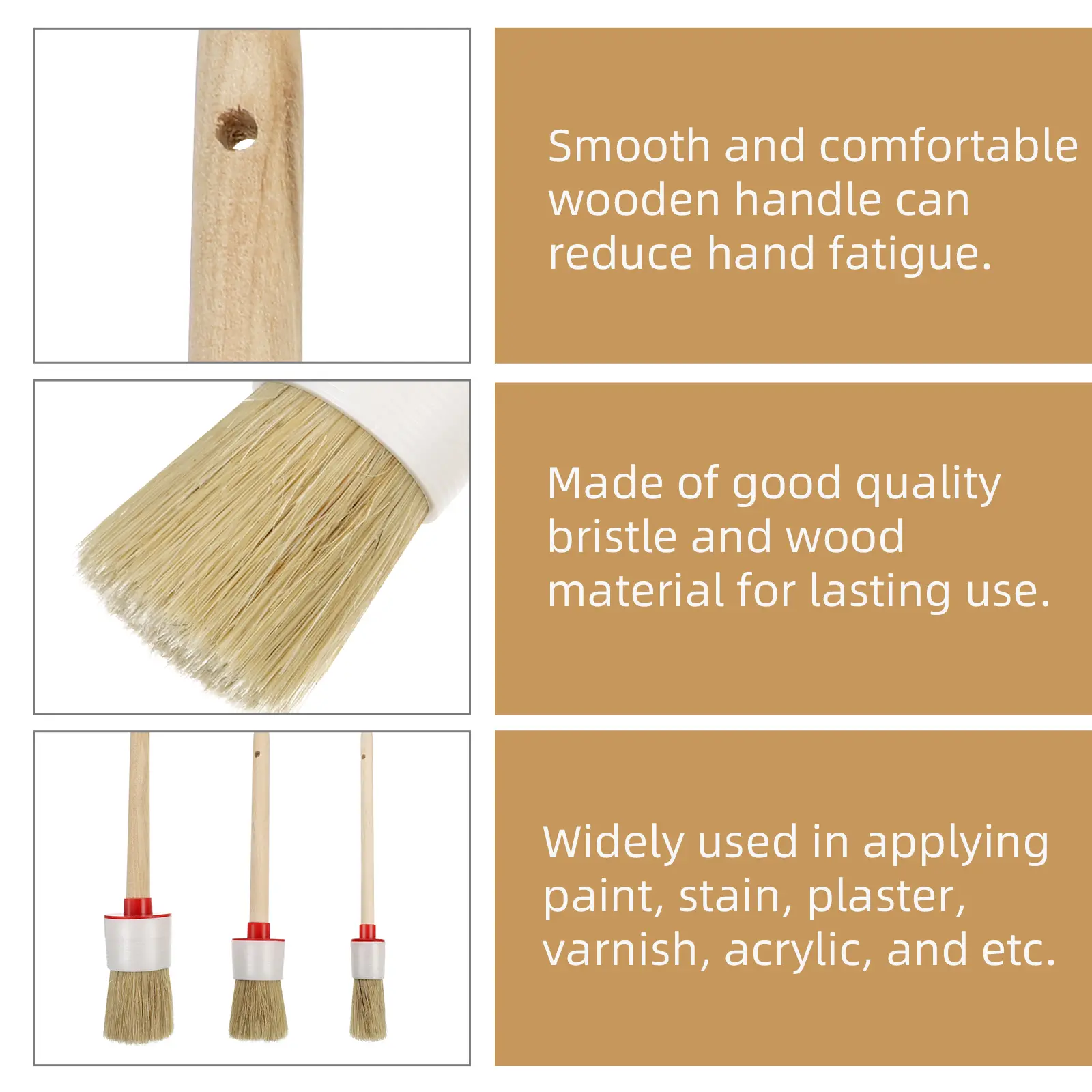 3 Pcs Paint Brushes Wood H Durable Flexible Paint Brushes Set Artist Tool Round Shape Home Use Painting Cleaner