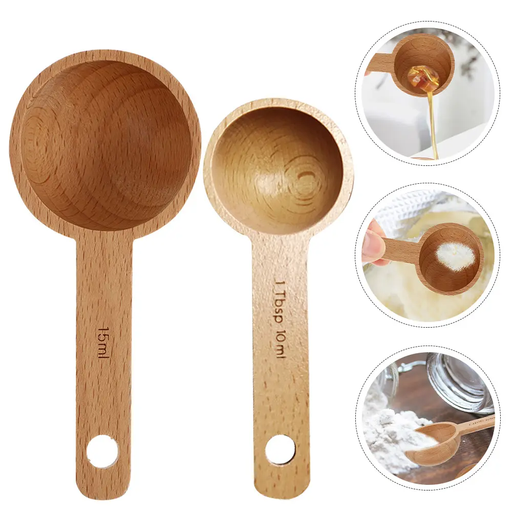2pcs Wooden Measuring Spoon for Coffee Beans Loose Tea Salt Sugar Seasonings Natural Round Head Scoop Christmas Gift