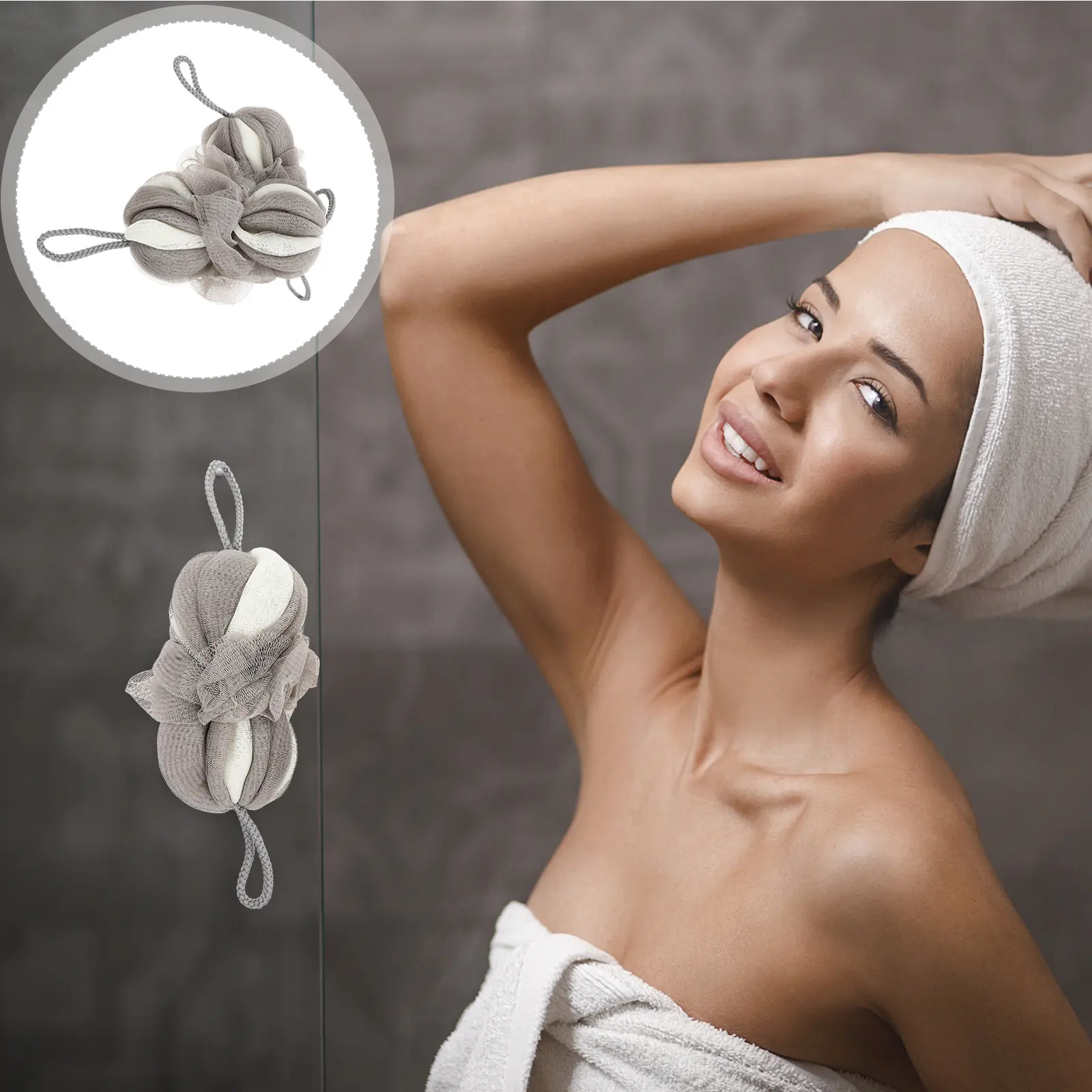 2Pcs Shower Flowers Bathing Balls Foaming Scrubber Long Bath Ball Grey White Stripes Home Travel Bubble Safe Eco